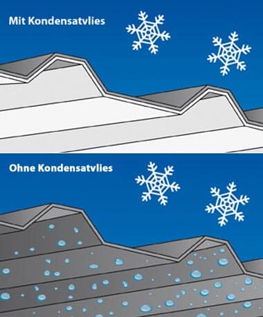 Grafik eines Daches mit und ohne Antikondensvlies im Winter.