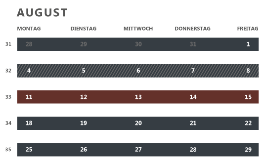 Kalender für Werksverkauf: August