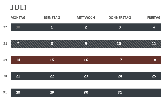 Kalender für Werksverkauf: Juli