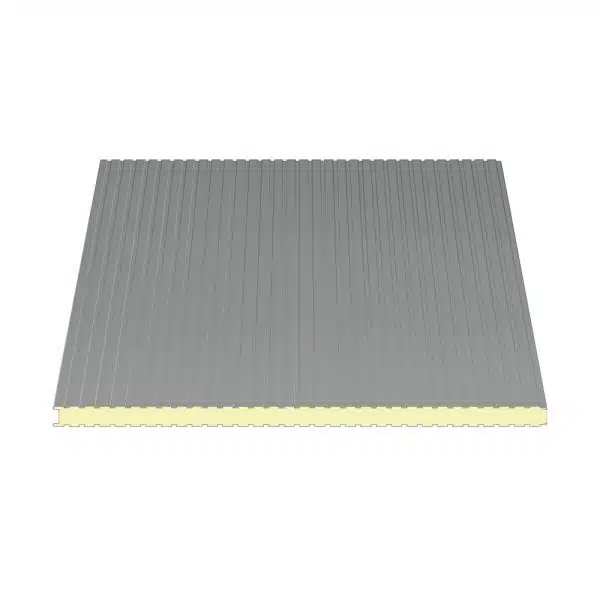Sandwichpaneel in RAL 7037 (grau) für die Wand. Es ist eine Platte dargestellt auf weißem Hintergrund mit einem gelben Kern in der Mitte